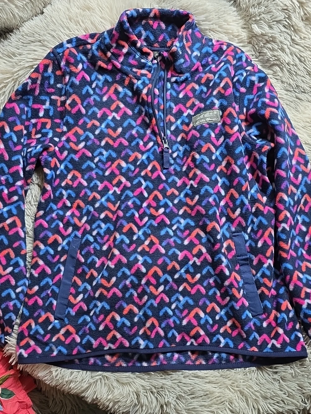 Eddie Bauer Navy Fleece Jacket with Pink, Orange, Blue and Purple Chevron Print